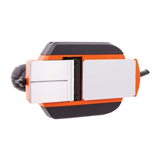 BLACKDECKER 7698 benchtop planer shown from top angle with orange and black casing and silver tables.