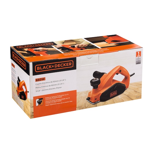 BLACK+DECKER 7698 electric planer box, orange and black, 650W, photography, front angle.