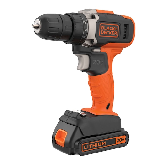 BLACK+DECKER BCD703C1 cordless drill, orange and black, side angle on white background, 20V lithium battery.