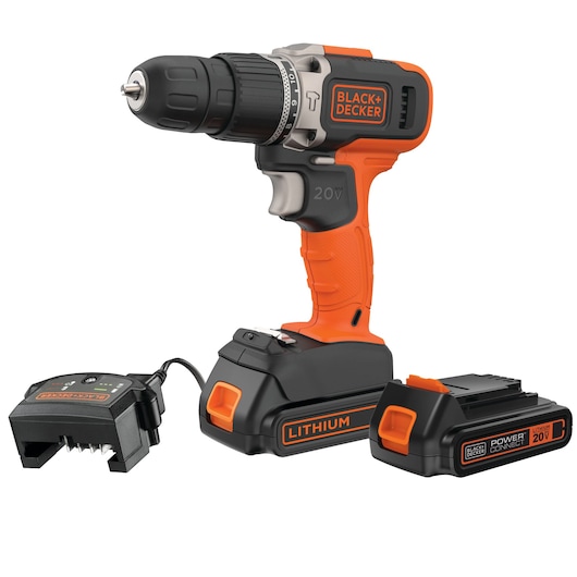BLACK+DECKER BCD704C1 cordless drill with orange and black body, charger, and two 20V lithium batteries, front angle.