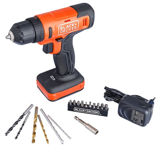 BLACK+DECKER cordless drill BCD712VHDP with drill bits, screwdriver bits, charger, front angle on white.