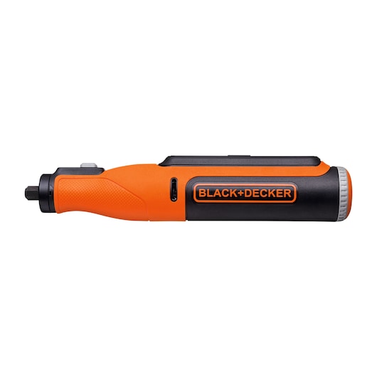 BLACK+DECKER BCRT8K35 orange and black cordless screwdriver, side view, on white background.