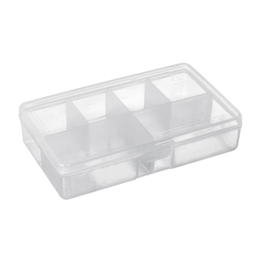 BLACKDECKER BCRT8K35 clear plastic storage box with compartments, photography, angled view on white background.