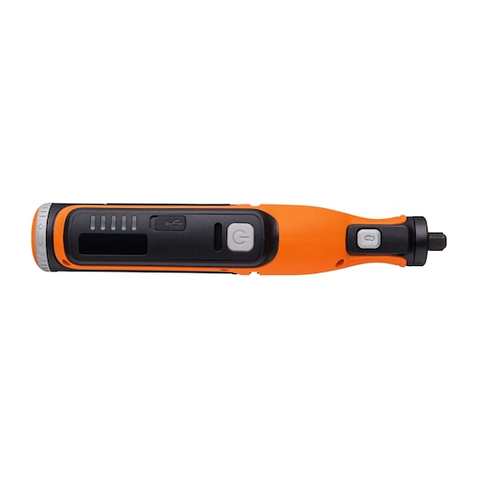 BLACKDECKER BCRT8K35 orange cordless rotary tool, side view, black buttons and control panel.