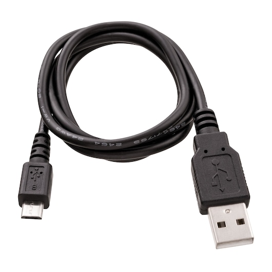 BLACKDECKER BCRT8K35 USB to micro USB cable, black, product angle on white background.