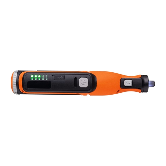 BLACKDECKER BCRT8K35 orange and black cordless screwdriver side view, LED indicators, power button visible.