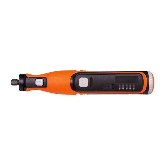 BLACKDECKER BCRT8K35 cordless orange and black screwdriver, side angle, with control buttons and USB port.