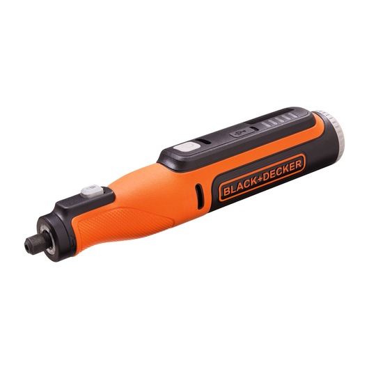 BLACK+DECKER BCRT8K35 orange and black cordless rotary tool side view on white background.