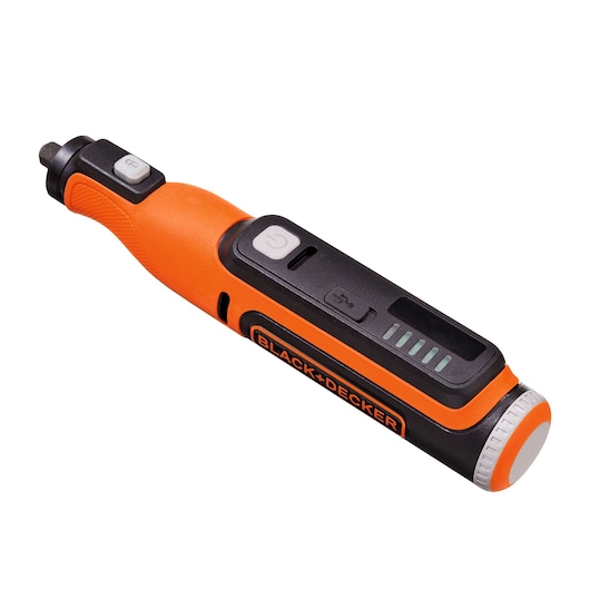 BLACKDECKER BCRT8K35 orange and black cordless screwdriver side view on white background.