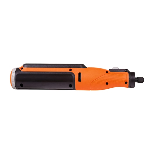 BLACKDECKER BCRT8K35 orange and black cordless screwdriver side view on white background.
