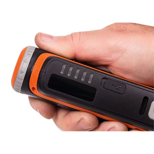 BLACKDECKER BCRT8K35 compact orange and black handheld tool with USB port, close-up view.