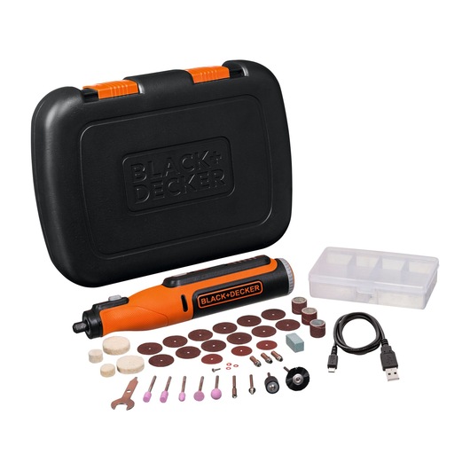BLACKDECKER BCRT8K35 rotary tool kit with case, orange and black rotary tool, accessories, USB cable, front angle.
