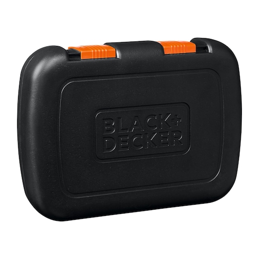 BLACKDECKER BCRT8K35 black tool case with orange latches, front angle, photography product.