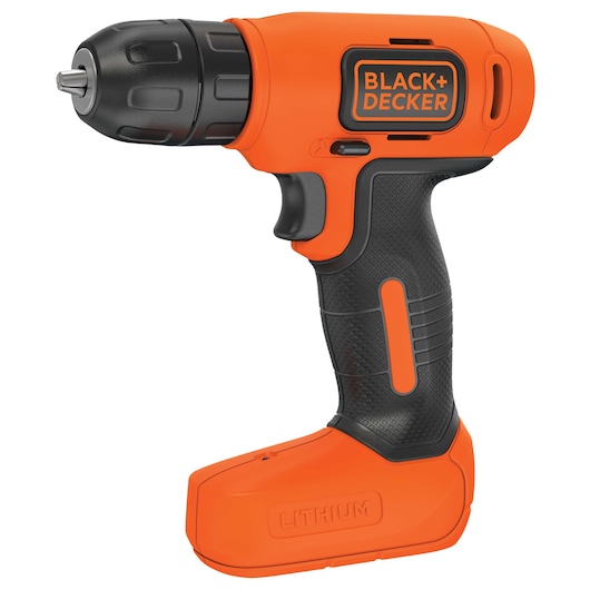 BLACKDECKER BDCD8C cordless orange and black drill, side angle on white background.