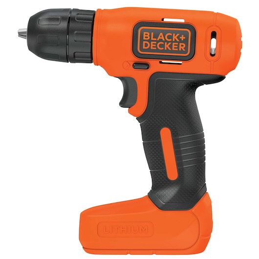 BLACKDECKER BDCD8C cordless drill, orange and black, left side view, with lithium battery.
