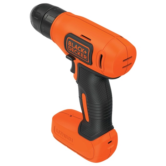 BLACK+DECKER BDCD8C orange and black cordless drill, right side view, with lithium battery, on white background.