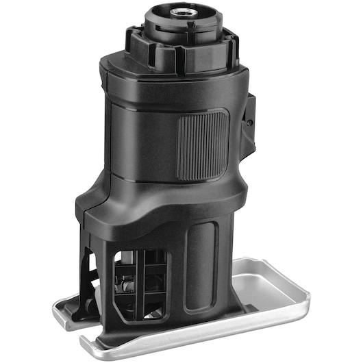 BLACKDECKER BDCMTJS jigsaw attachment, black and silver, front angle, on white background.
