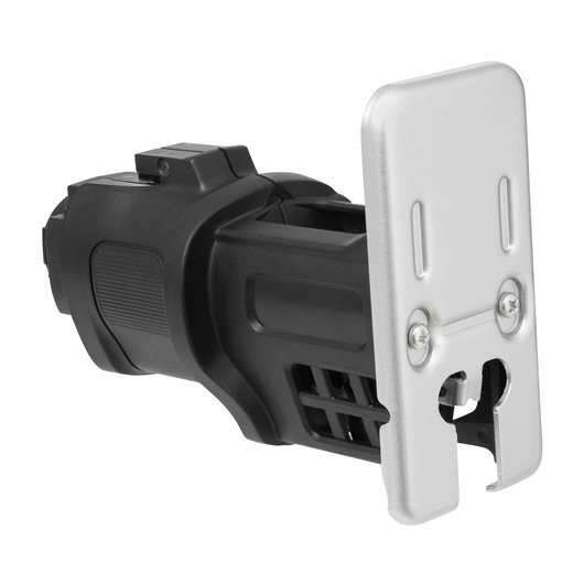 Photo of BLACKDECKER BDCMTJS jigsaw attachment, black and silver, shown from front left angle on white background.