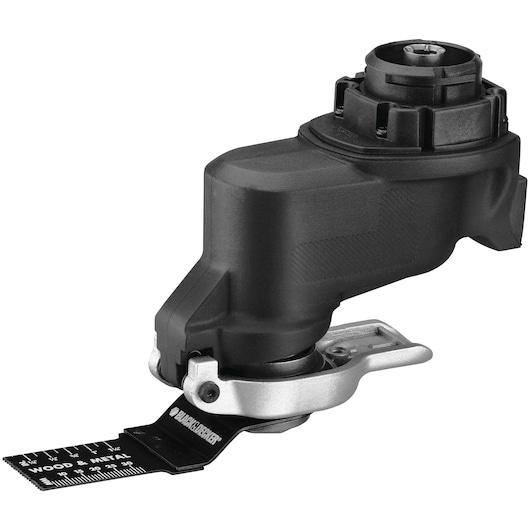 BLACKDECKER BDCDMT1206KITWC oscillating tool attachment with black and silver body and measurement blade, side angle.