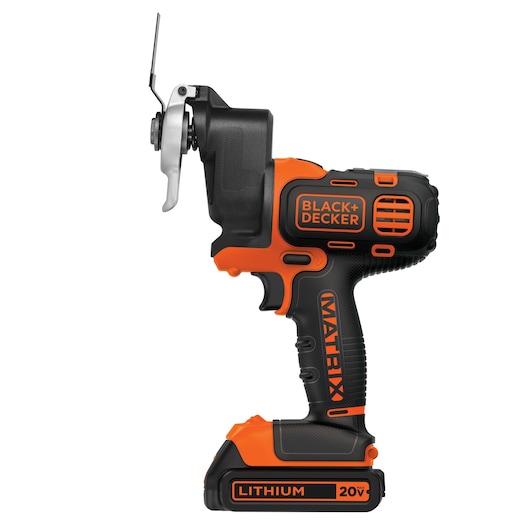 BLACKDECKER BDCMTO cordless oscillating tool, black and orange, side angle, white background.