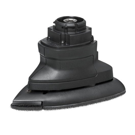 Photo of BLACKDECKER BDCMTS triangular multi-sander attachment, black, angled side view on white background.