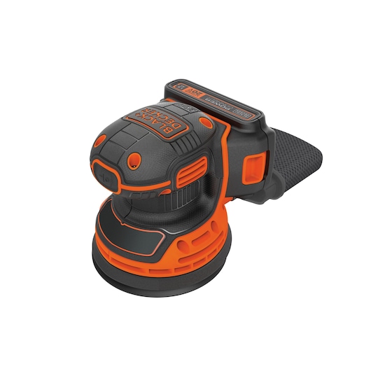 BLACKDECKER BDCRO20C cordless random orbit sander, black and orange, front angle on white background.