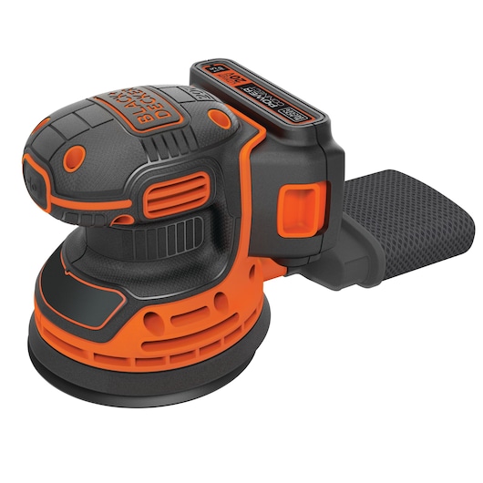 Photo of BLACKDECKER BDCRO20C cordless random orbital sander, black and orange, side view on white background.