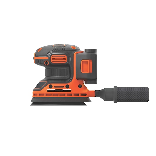 Photo of BLACKDECKER BDCRO20C cordless detail sander, black and orange, side angle on white background.