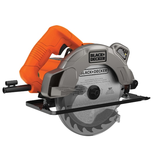 Photo of BLACKDECKER BDECS300C circular saw with orange handle and visible blade, front angle on white background.