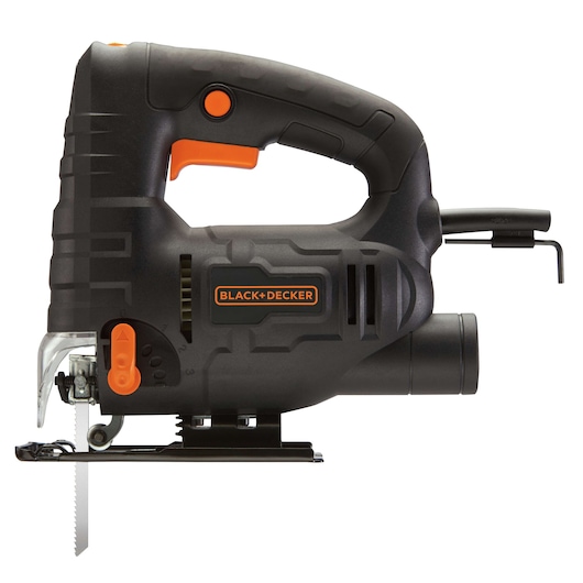 BLACKDECKER BDEJS4C jigsaw, black and orange, side angle on white background.
