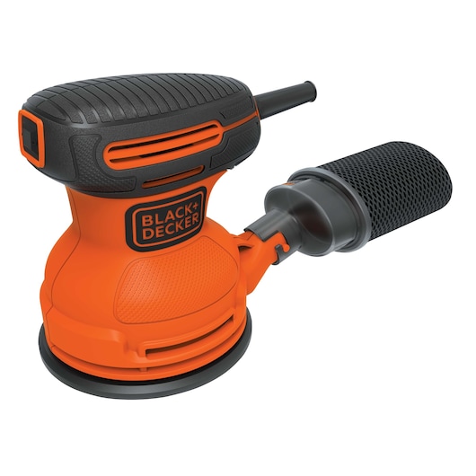 Photo of BLACKDECKER BDERO100 orange and black orbital sander with dust collector, front angle.