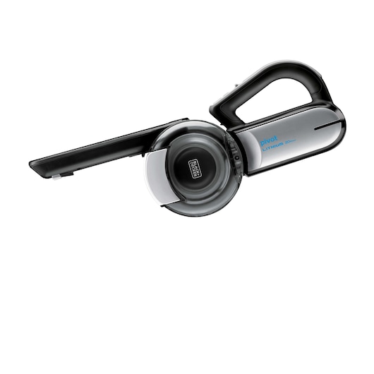 BLACKDECKER BDH2000PL handheld vacuum cleaner, silver and black, side angle on white background.