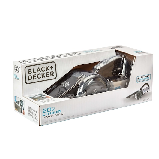 BLACK+DECKER BDH2000PL 20V Lithium Pivot Vac handheld vacuum in retail box, angled on white background.