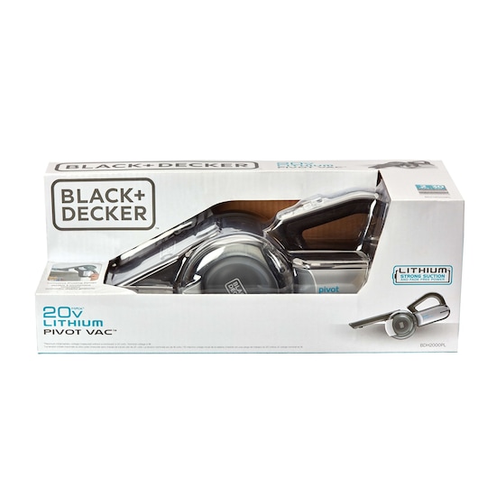 Photo of BLACK+DECKER 20V lithium pivot vacuum BDH2000PL in original packaging, front angle, white box.