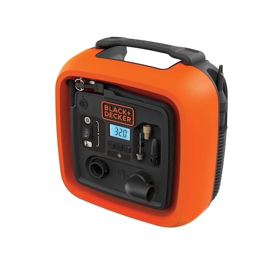 Photo of BLACK+DECKER BDINF12C portable digital tire inflator in orange with control panel and handle, angled view.