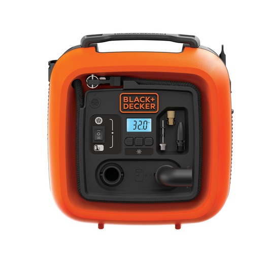 Front angle photo of BLACKDECKER BDINF12C portable digital tire inflator with orange casing and LCD display.