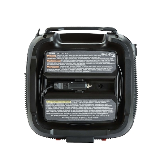 BLACKDECKER BDINF12C portable inflator rear view with power cord and safety labels, white background.