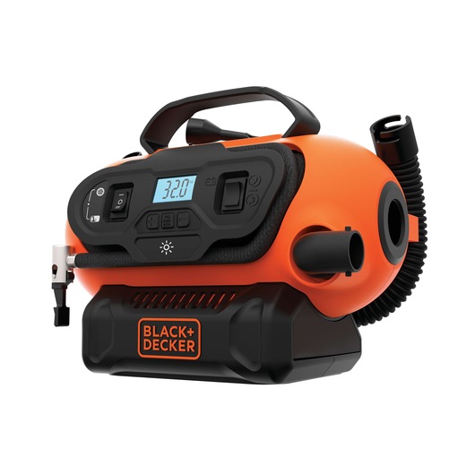 Photo of BLACKDECKER BDINF20 portable air inflator, front angle, orange and black with digital display and hose.