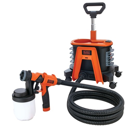 BLACKDECKER BDPH1200 orange and black paint sprayer with hose, front angle, photography category.