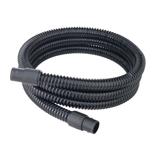 BLACKDECKER BDPH1200 black coiled vacuum hose with connectors, photography, front angle on white background.