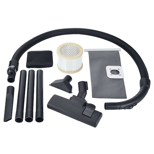 BLACKDECKER BDWD10 vacuum accessory set with hose, filter, nozzles, tubes, and dust bag, top view.