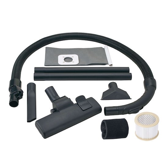 BLACKDECKER BDWD15 vacuum accessories set on white, including hose, filters, nozzles, and extension tubes.