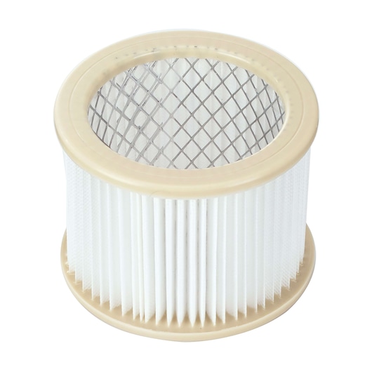 BLACKDECKER BDWD15 cylindrical vacuum filter with white pleated sides and beige rims, top view on white background.