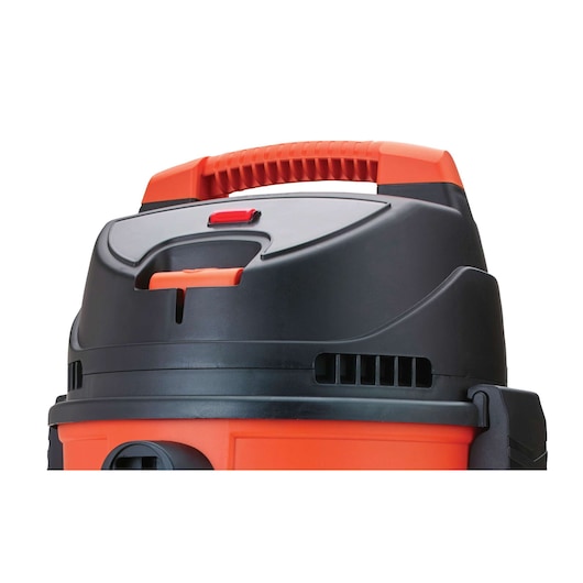 BLACKDECKER BDWD15 wet dry vacuum top view with handle and control buttons, orange and black finish.