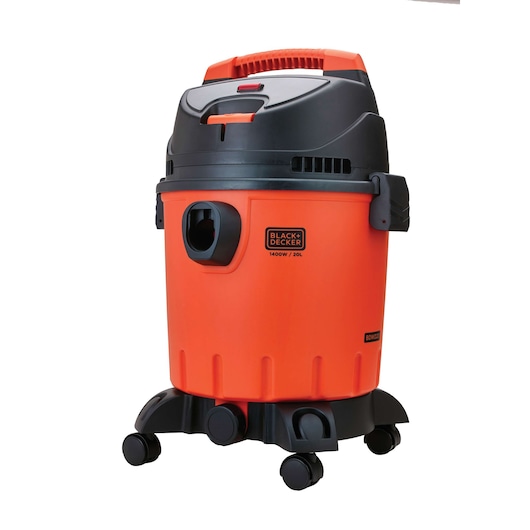 Photo of BLACKDECKER BDWD20 orange and black wet dry vacuum cleaner, front angle, 20L capacity, on wheels.