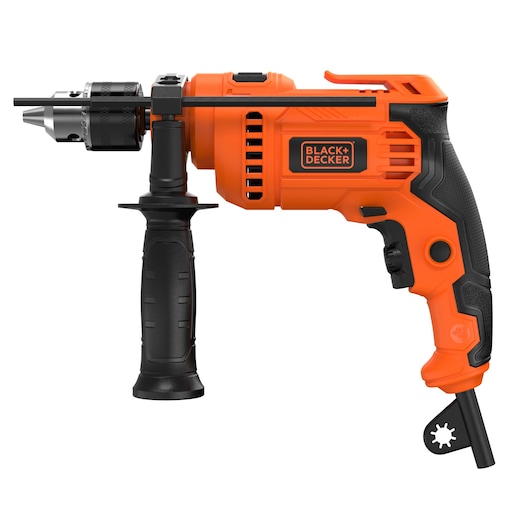 Photo of BLACK+DECKER BED713650-B2 orange corded drill with side handle, photographed from the left on white background.