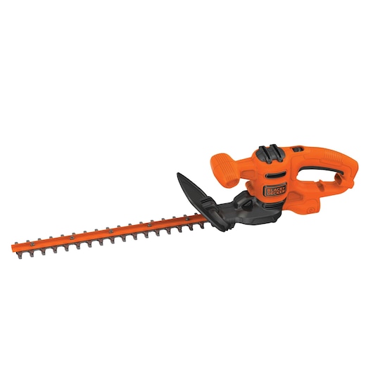 BLACKDECKER BEHT150 orange electric hedge trimmer, right side angle, black blade and guard.