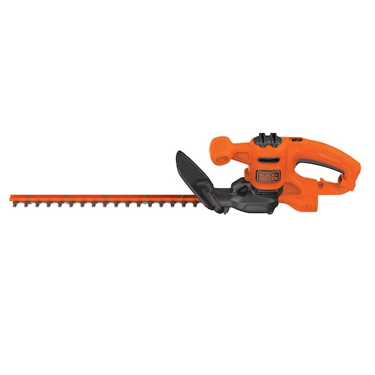 BLACKDECKER BEHT150 orange electric hedge trimmer side view with black handle and blade.