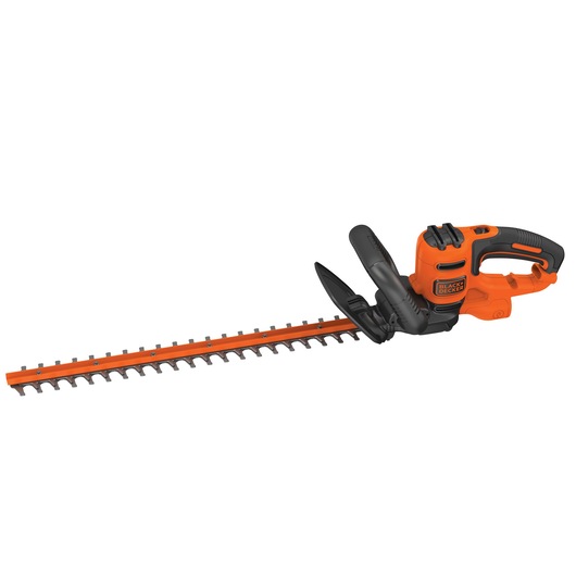 BLACKDECKER BEHT350 electric hedge trimmer, orange and black, side angle, white background.