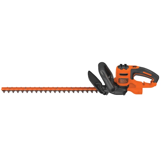 BLACK+DECKER BEHT350 orange and black electric hedge trimmer photo, side view, ergonomic handle.